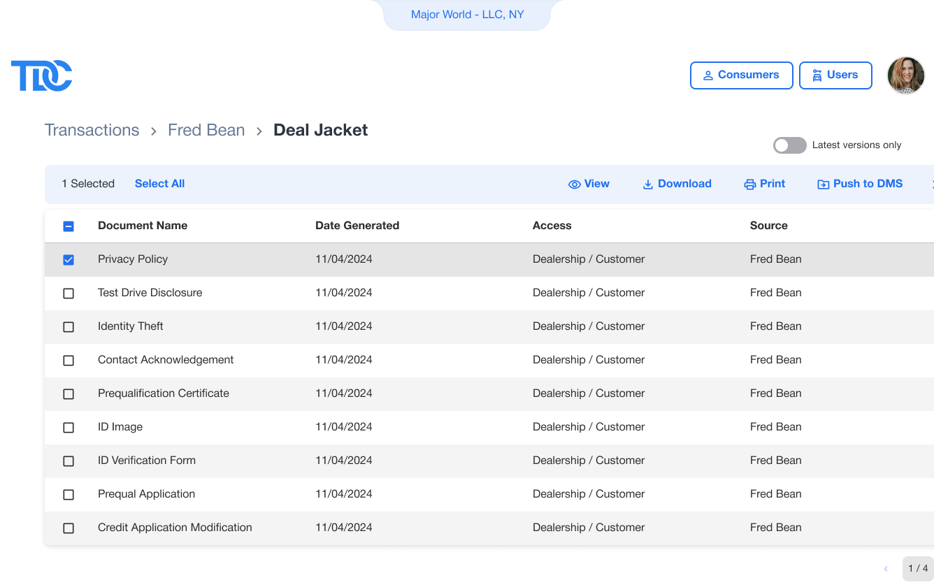 Deal Jacket on dealership dashboard
