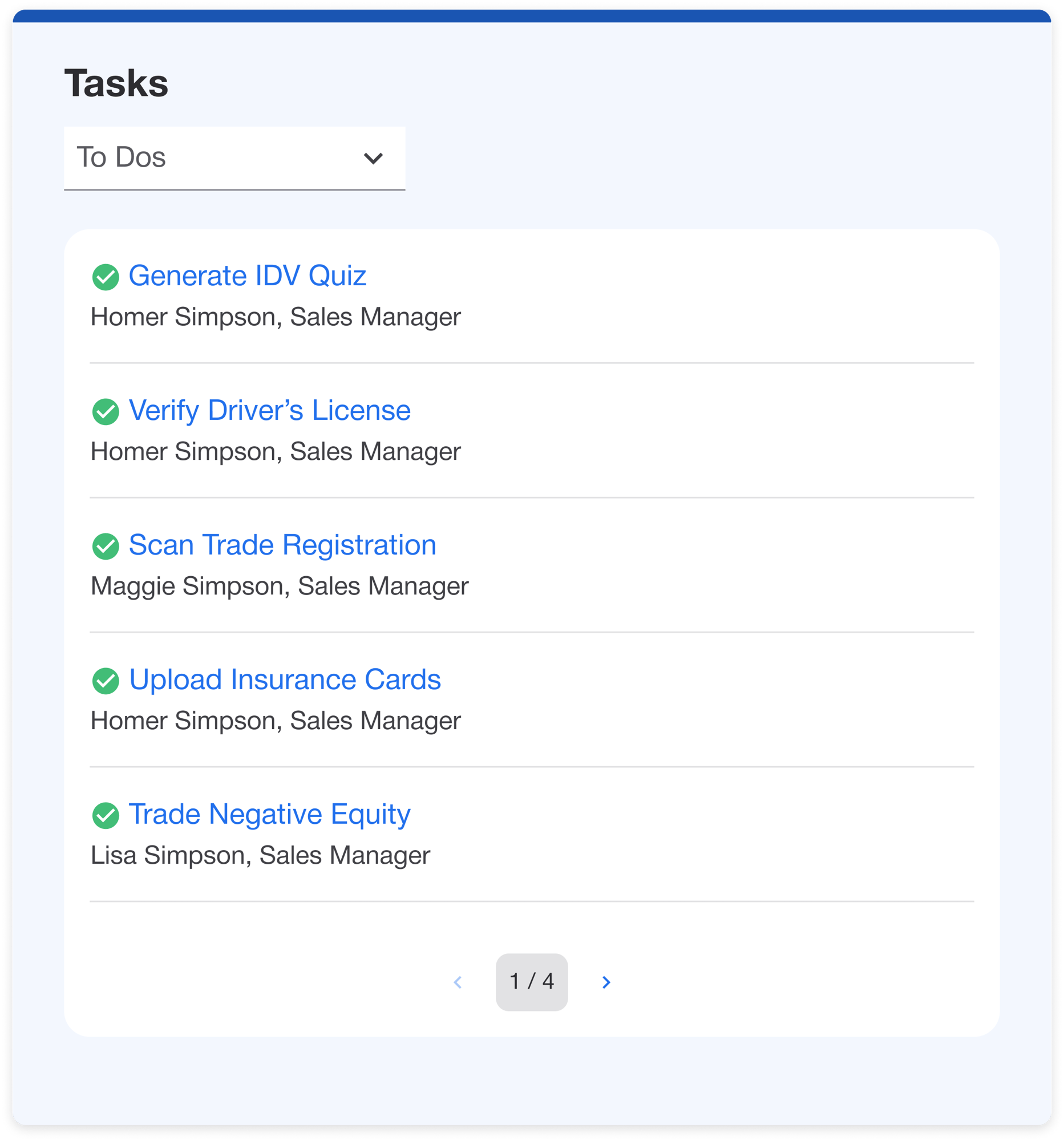 Task List Section on dealership dashboad
